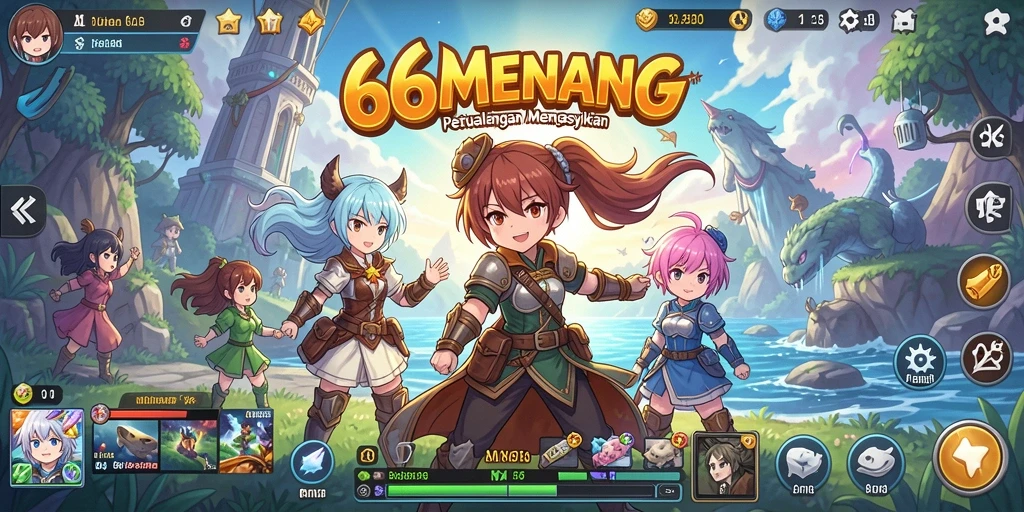 Tampilan utama permainan 66MENANG menampilkan aksi karakter Anime yang seru.