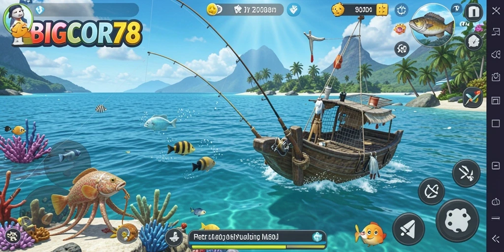 Screenshot menunjukkan pemain mengasyikkan saat memancing di lautan.