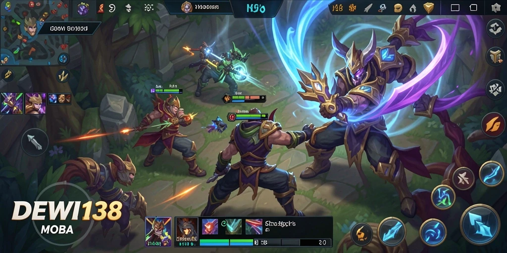 Screenshot gameplay seru dari DEWI138 yang menunjukkan aksi tim MOBA.