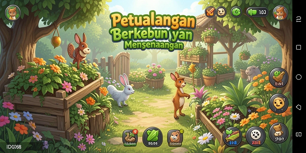 Screenshot gameplay yang menunjukkan kebun yang subur dan beragam tanaman.