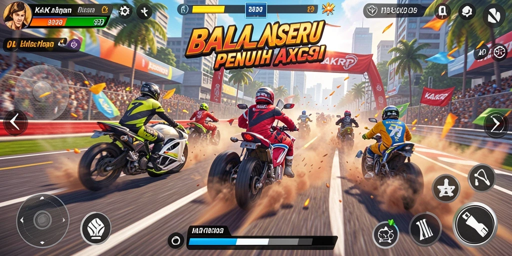 Tampilan utama gameplay KAKRP dengan mobil balap yang beraksi di lintasan.
