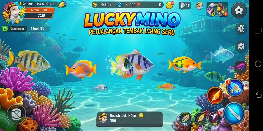 Tampilan utama gameplay LUCKYMINO dengan aksi menangkap ikan.