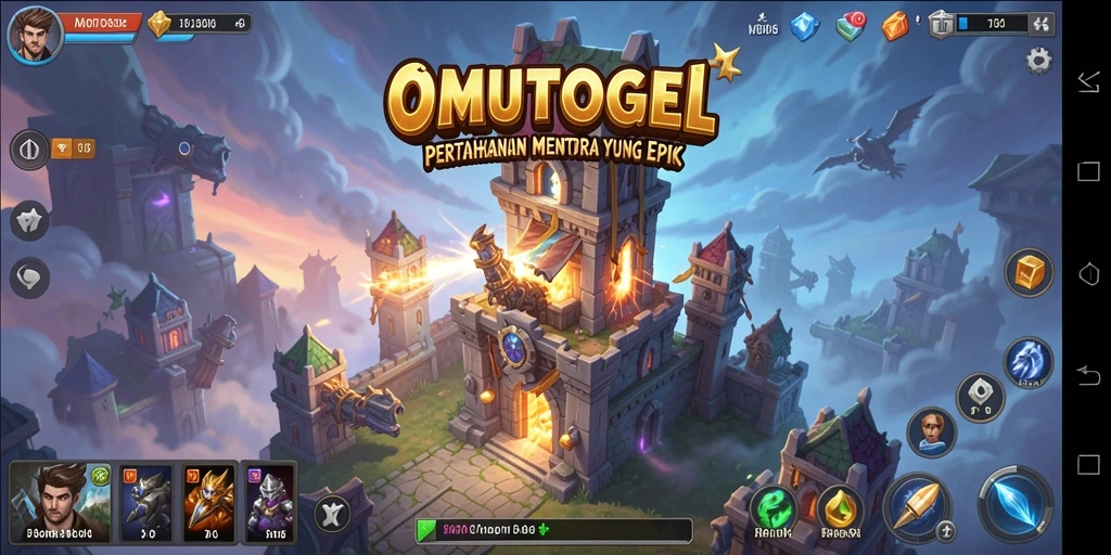 Screenshot gameplay OMUTOGEL menunjukkan menara pertahanan yang strategis.
