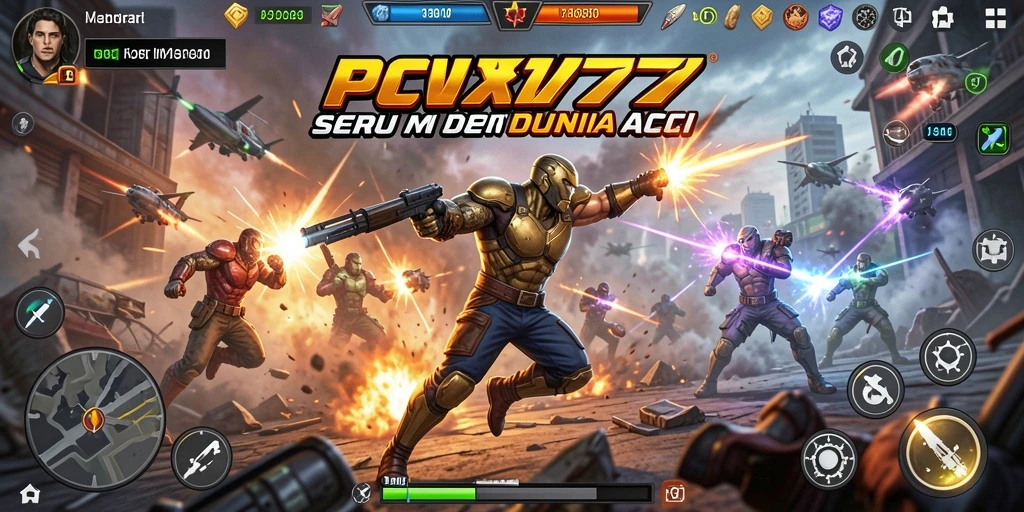 Screenshot utama PCX777 menampilkan aksi pertempuran yang intens.