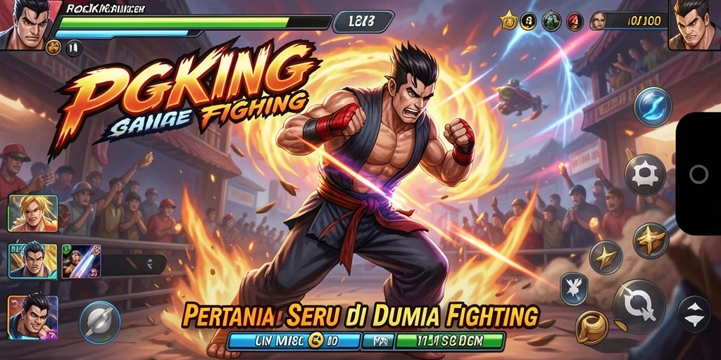 Screenshot PGKING menampilkan pertarungan dinamis dengan karakter beragam dan efek visual yang menakjubkan.